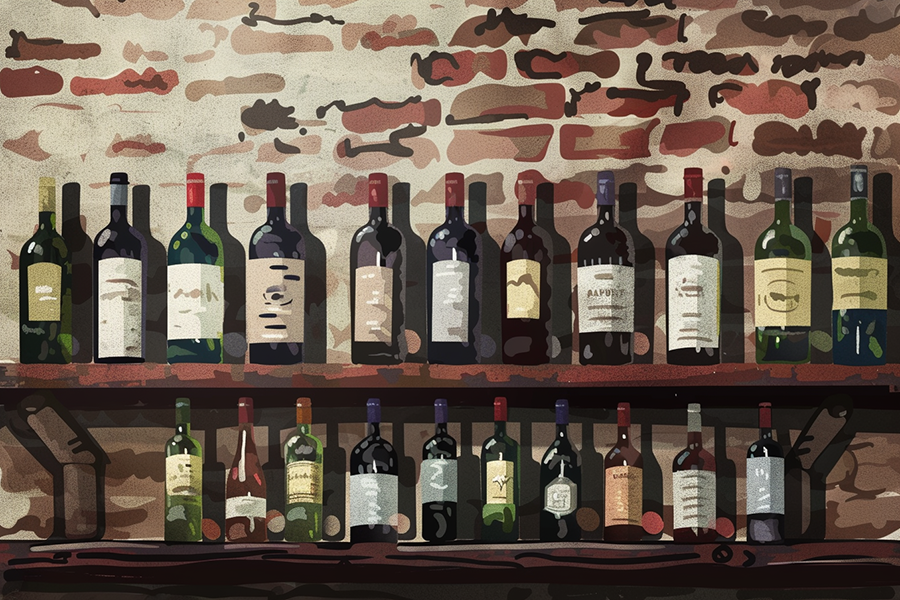 wine bottles on a shelf against a rustic brick wall